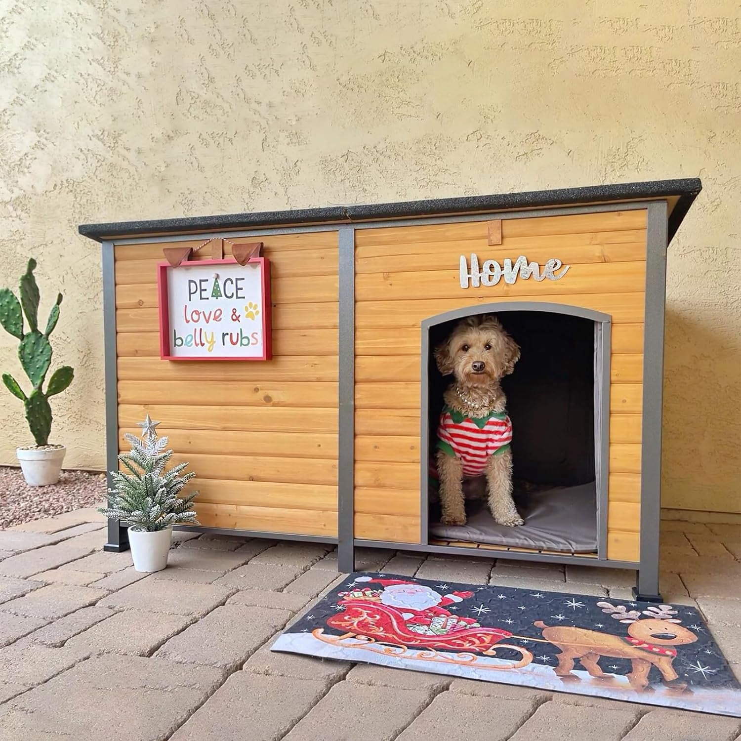 Aivituvin 59.1" Large Insulated Dog House for Winter Outdoor Weatherproof Kennel All-Around Iron Frame, Brown