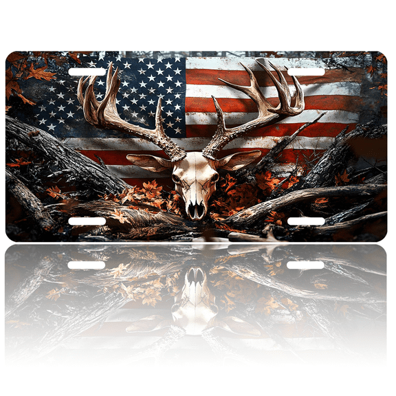 1 Pcs 2D Flat License Plate Covers & Frames, Deer Skull For Decorative Front, Waterproof For Decoration Aluminum License Plate Covers & Frames Cover For Men Women, 12" X 6"