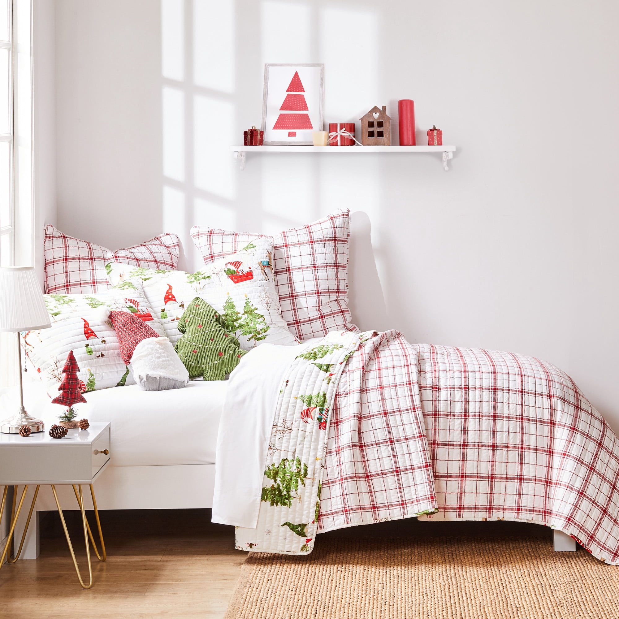 Levtex Home Merry & Bright Collection - Gnome Forest Quilt Set - King Quilt and Two King Shams - Christmas Gnomes - Red, Green, White - Quilt (102x86in.) and Shams (20x36in.) - Reversible - Polyester