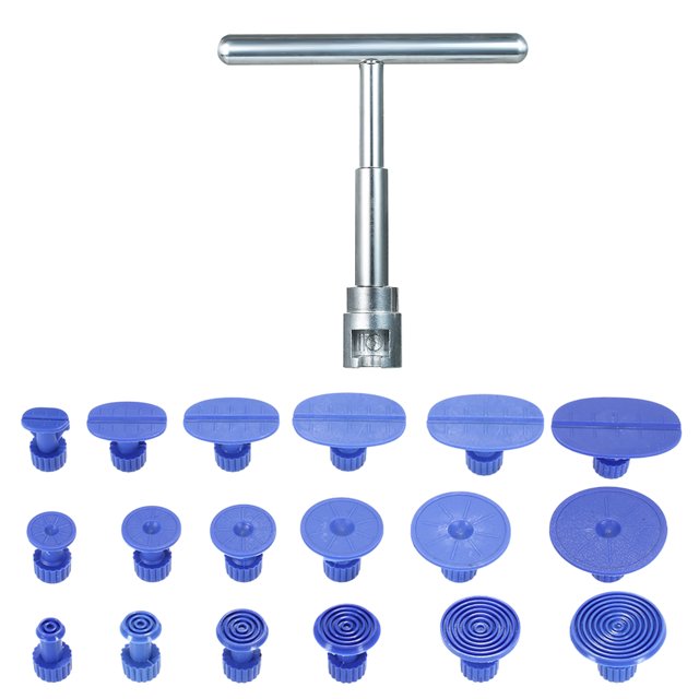 18-Piece Paintless Car Dent Repair Kit with T-Bar Puller - Silver & Blue Plastic/Metal Tools for DIY Auto, Refrigerator, Motorcycle, Washing Machine Hail Damage Removal - No Paint Harm, Durable &