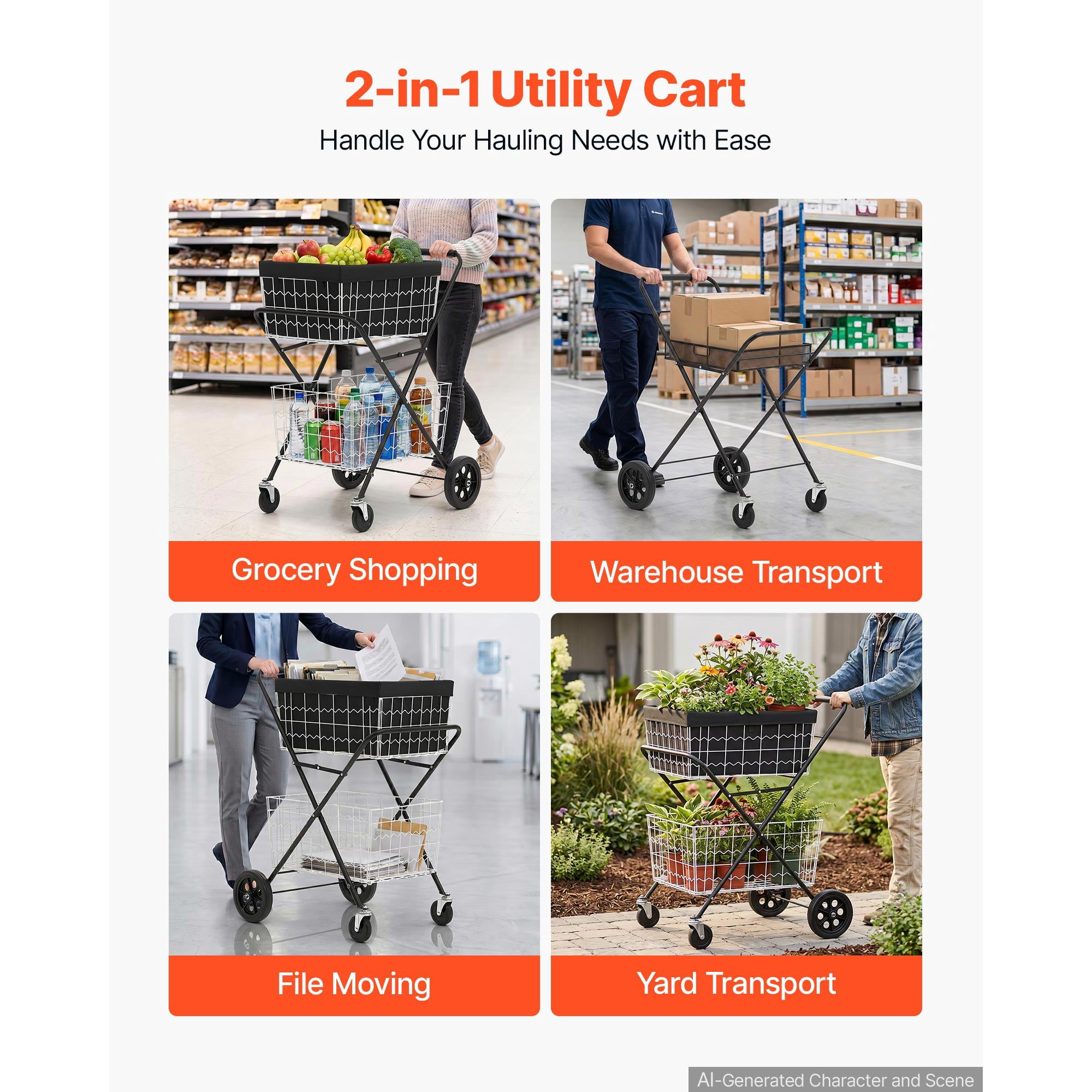 KFFKFF Foldable 2-Tier Shopping Cart with Wheels, 88lbs Capacity, Utility Cart with Detachable Storage Baskets and 360° Swivel Wheels for Groceries, Warehouse, and Supermarket Use