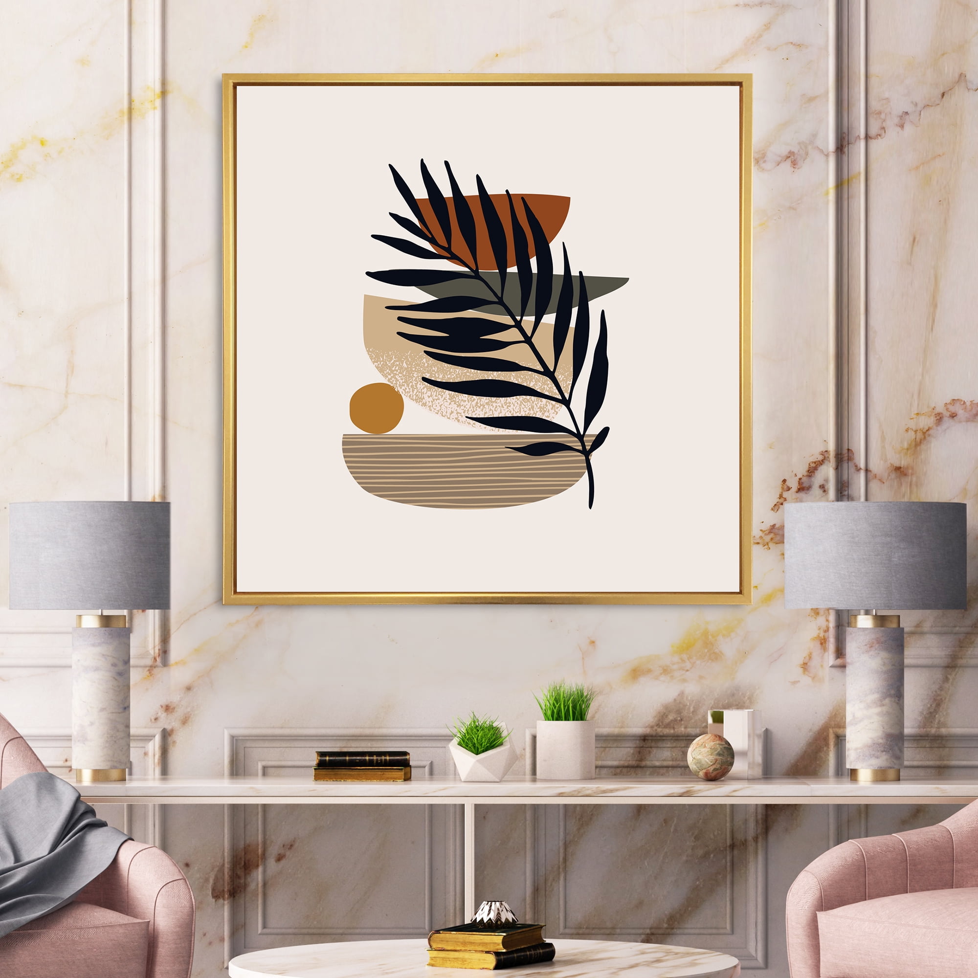 Designart 'Shapes and Tropical Leaf Silhouettes IV' Modern Framed Canvas Wall Art Print