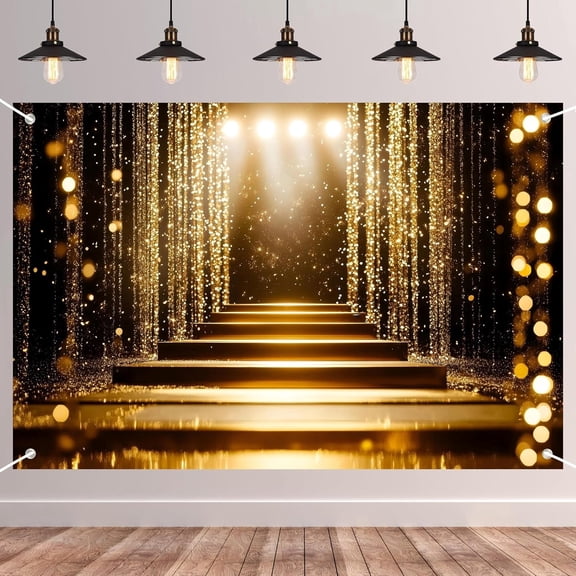 5.9x3.6Ft Golden Spotlight Bokeh Stage Backdrop Gold Glitter Curtain Shimmering Effect Photography Background for Theater Wedding Party Decorations Banner