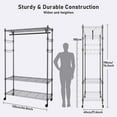 thumbnail image 3 of Heavy Duty Clothes Rack, Adjustable Rolling Garment Rack with Shelves, Freestanding Wardrobe Rack 1 Clothes Hanging Bar, 3 tired Wire Shelving, 4 Hanger Hooks - Hold Up to 400Lbs (Black, 1Rod 4Hook), 3 of 7