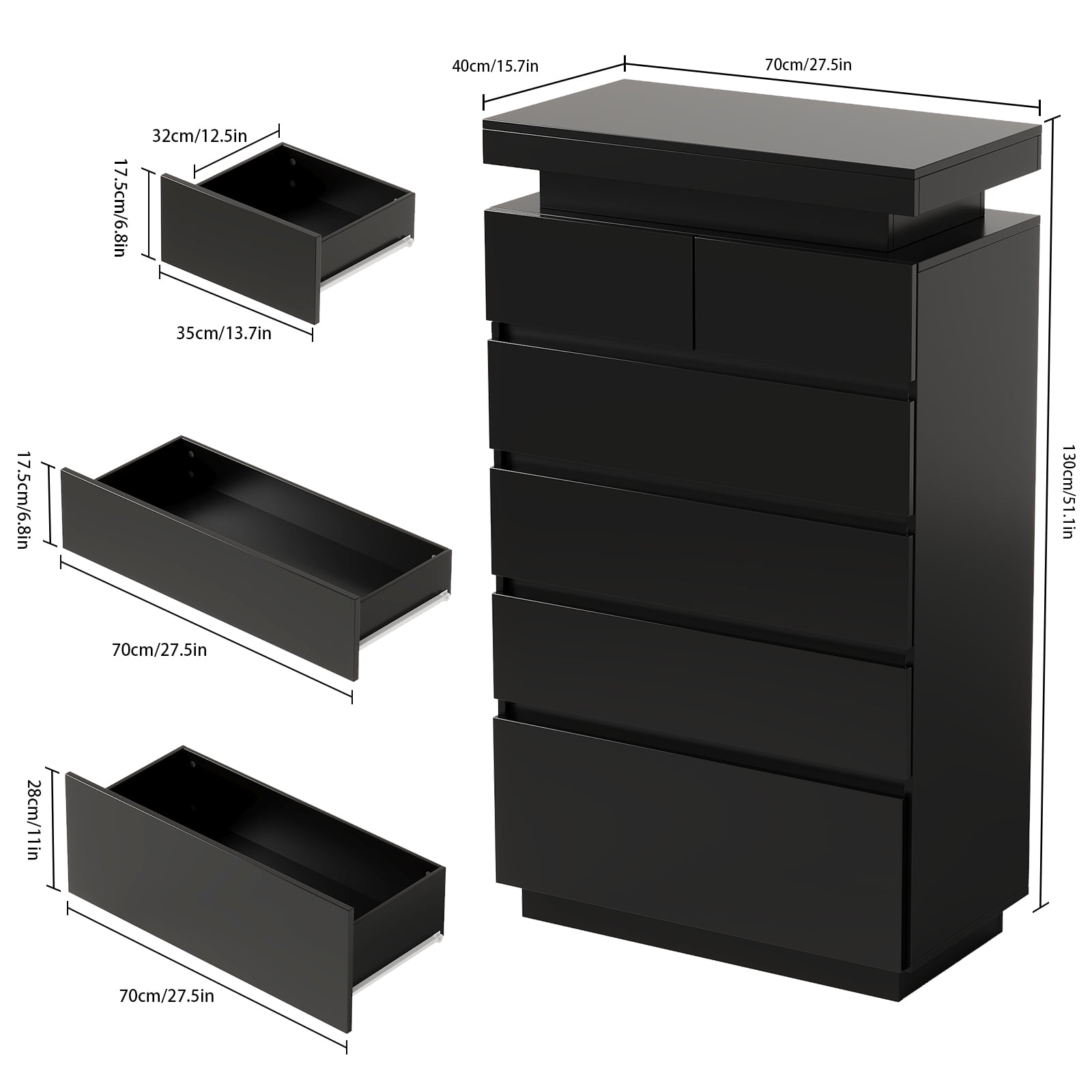 6 Drawers Dresser, Modern Tall Dresser for Closet with Adjustable LED Lights, High Gloss Chests of Drawers, Wood Storage Cabinet for Bedroom, Entryway, Living Room, Dressing Room, Black