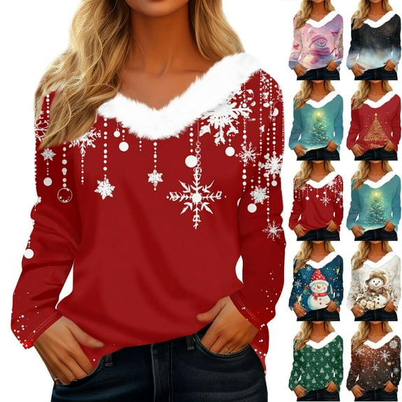 Hearthz Christmas Sweaters for Women 2026 Faux Fur Trim V Neck Sweatshirts Xmas Christmas Snowflake Print Top for Women Winter Warm Long Sleeve Pullover Tops