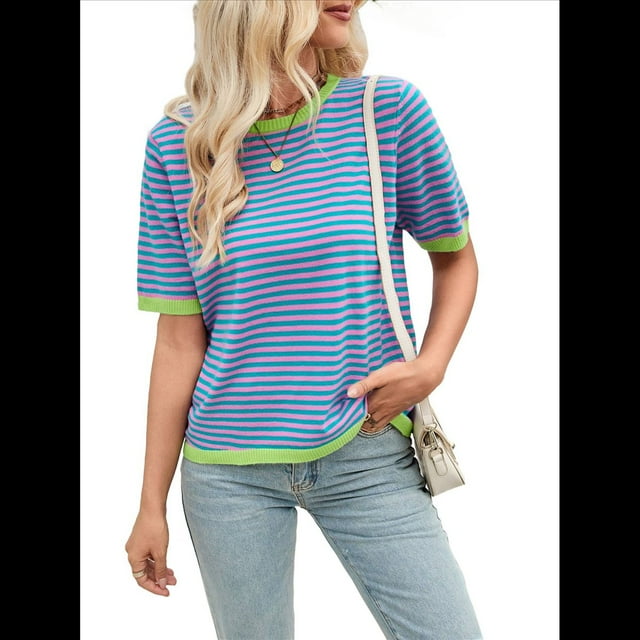 Womens Tops Casual Summer Crewneck Short Sleeve Striped Color Block Knit High Low Trendy Pullover Sweaters Pink Green S