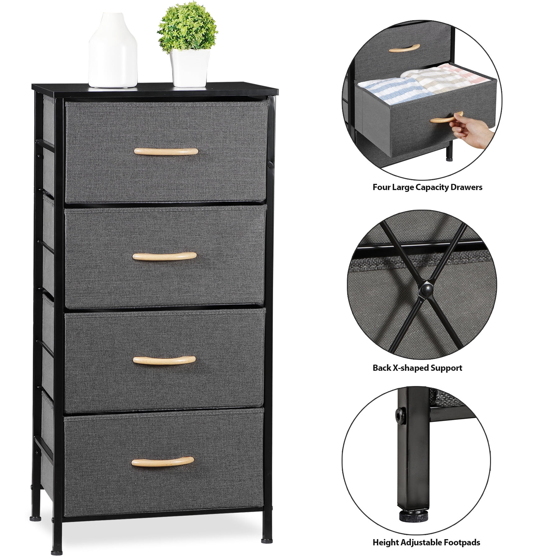 HomGarden 4 Drawer Storage Dresser Adult Kids Vertical Fabric Chest of Drawers Organizer Gray