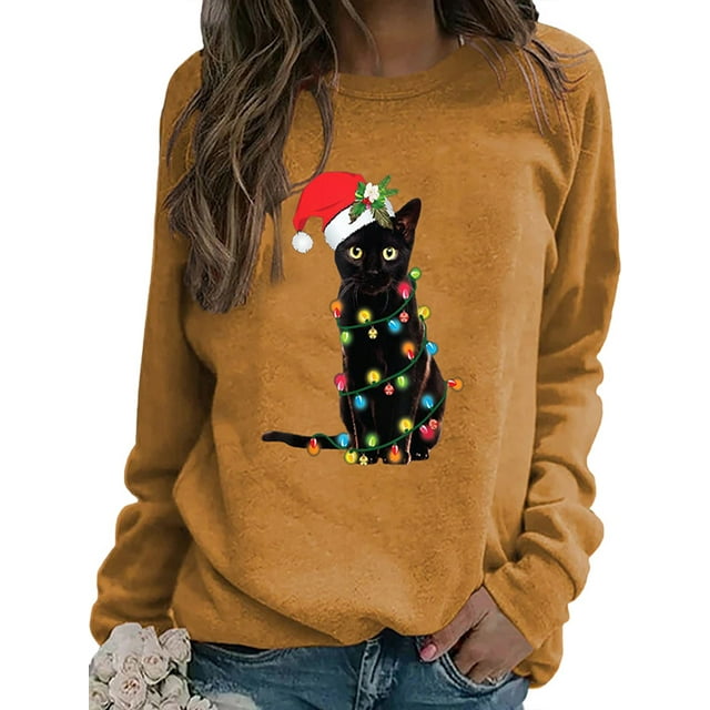 MAWCLOS Sweat-Shirt pour Femmes Imprimé Chat Sweat-Shirts de Noël Manches Longues Pull Ample Col Rond Jumper Tops Kaki 2TG