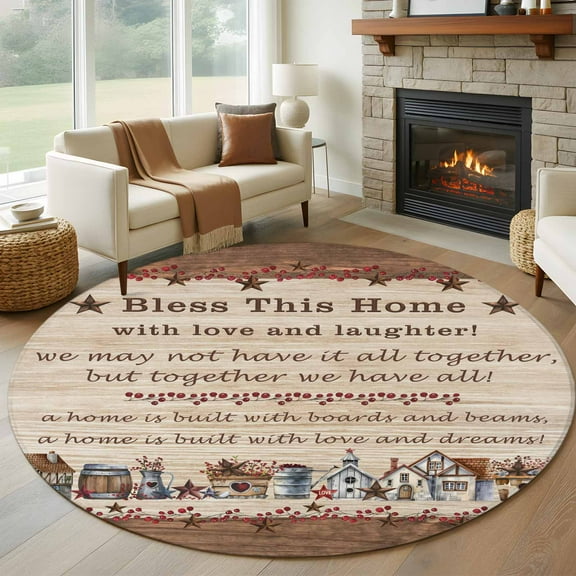 Farmhouse Round Rug 5ft Washable Circle Kitchen Rugs Non Slip Brown Country Star Berry Vintage Wood Grain Large Area Rug Indoor Floor Carpet for Bedroom Living Room Home Office Dining Room Nursery