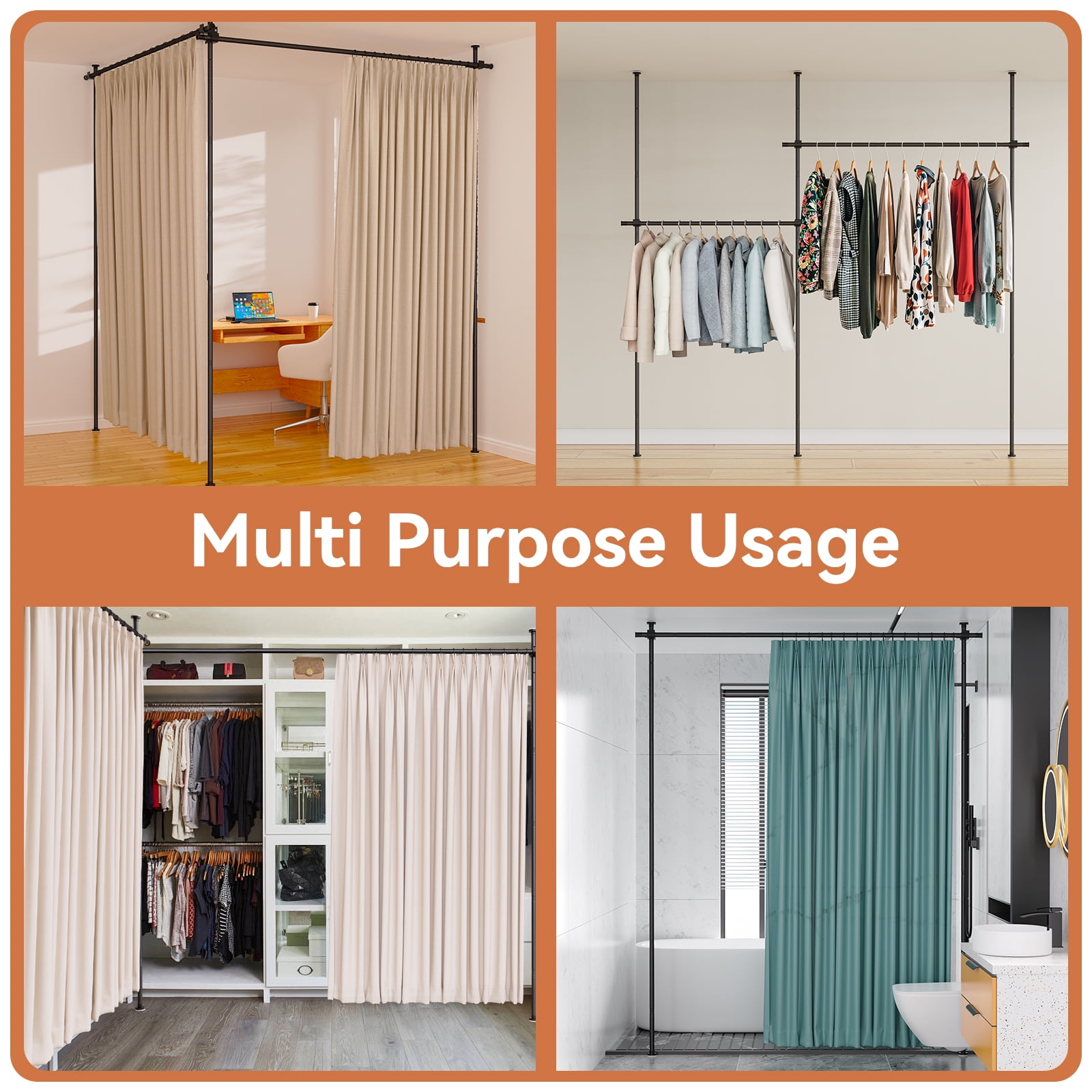 Adjustable Room Divider Frame, Black Metal Pipe Partition Stand for Bedroom/Dorm/Apartment, No Curtains Included (Fits Twin/Full Beds & Open Spaces)