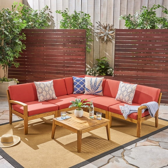 Wilcox Outdoor 6 Piece Sectional Sofa Set with Cushions, Teak, Red