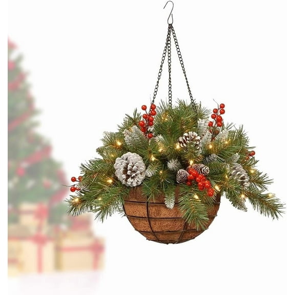Christmas Hanging Baskets for Outdoors, Perfect Christmas Planters for Front Porch with Warm LED Lights, Pinecones, and Berries, Pre-Lit Artificial Xmas Hanging Basket