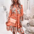 thumbnail image 5 of Women's Long Sleeve Dress Print A-line Elegant Pleated Casual Beach Skater Dress Flared Sleeve V-Neck Midi Dresses, 5 of 9