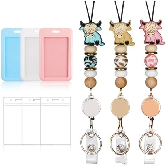 9 in 3 Sets Lanyard for ID Badges Highland Cow Cute Retractable Breakaway Lanyard with ID Holder with Badge Reel School Silicone Beaded