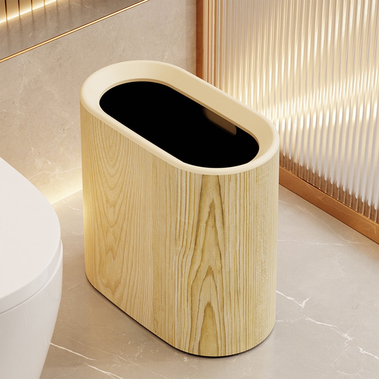 Plastic Wood Pattern Trash Can Small Garbage Bin without Lid for Bathroom Narrow Wastebasket Modern Wastebasket for Home Indoor Hotel, 6x11x11in