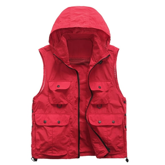 HOOMEUMY Mens Cargo Vest Casual Workout Sleeveless Clothes Fashion 2025 Trendy Classic Solid Coat Stand Collar Jacket Quick Dry Design Red XL