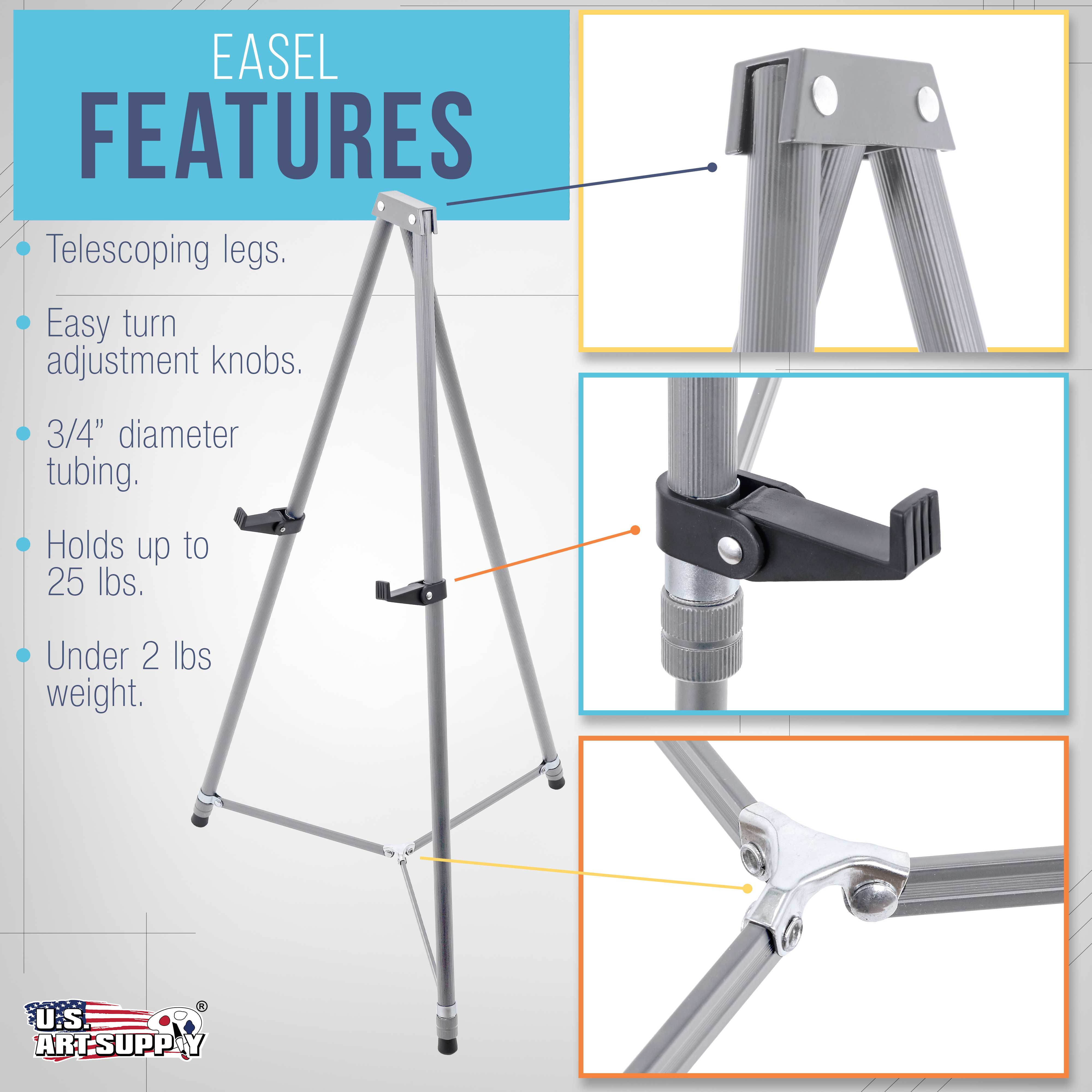 U.S. Art Supply 66" High Gallery Silver Aluminum Display Easel and Presentation Stand, Adjustable Floor and Tabletop Use