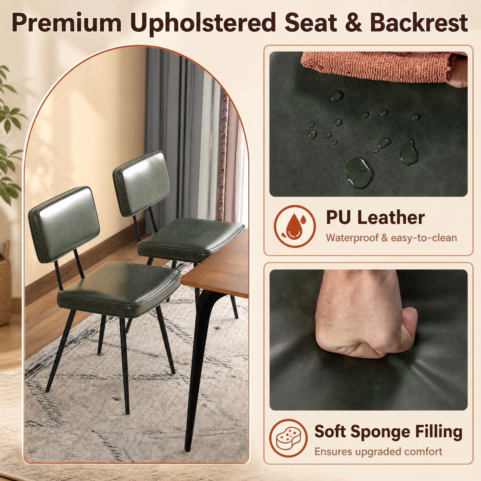 Furnibear Leather Dining Chairs Set of 2 with Padded Backrest and Tapered Metal Legs for Kitchen Dining Room, Dark Green