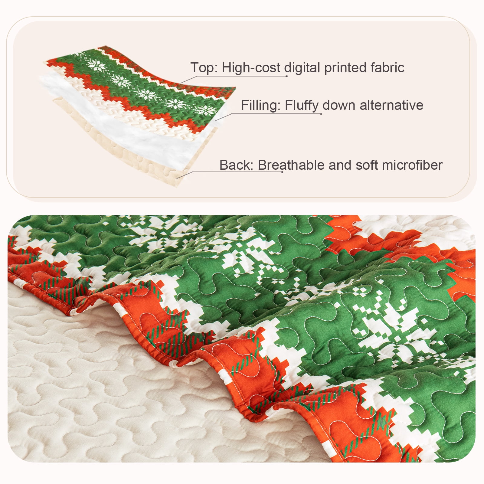 Whale Flotilla Reversible Patchwork Quilts Queen Size, Lightweight Boho Printed Bedspreads Coverlets Full Size Quilt Bedding Set with 2 Pillow Shams for All Seasons, Happy Snowflake