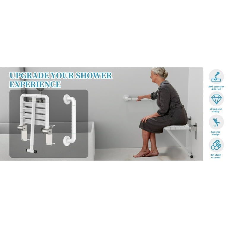 Folding Shower Seat White 14.5x 13.4 Inch Wall Mounted Stainless Steel Shower Seats for Bathroom Fold Down Shower Chair Shower Bench w Assist Garb