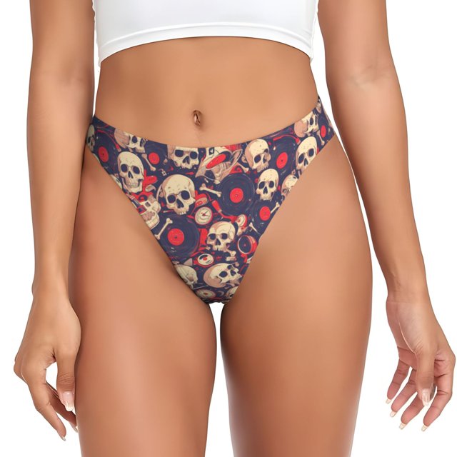 Balery Skull rock music record Tangas de Algodón para Mujer con Estampado – Ropa Interior Sexy, Transpirable, G-string-3X-Large