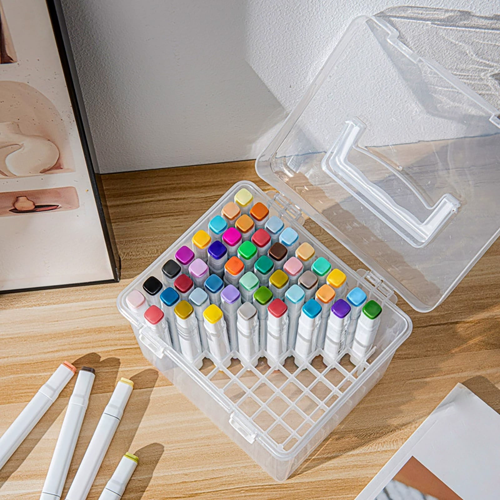 PPKVUFD Clear 80 Slot Plastic Carrying Marker Case Holder Storage Organizer Box for Paint Sketch Markers--Fits for Markers Pen from 12mm to 16mm Diameter