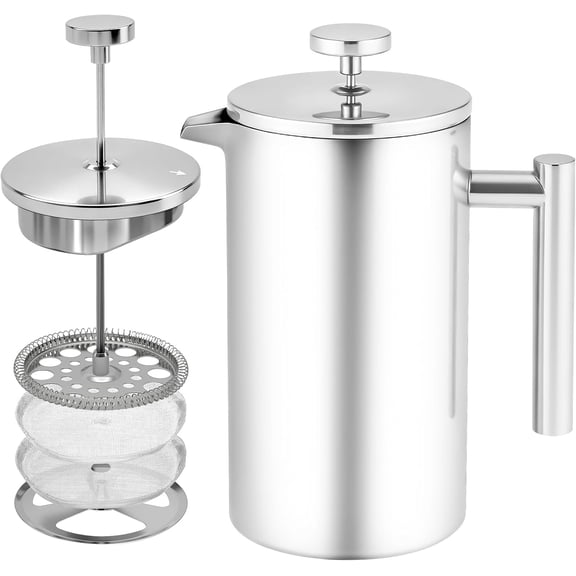 French Press Coffee Maker, 304 Grade Stainless Steel French Press with 2 Extra Filters for Home, Office, Travel, Camping - 34OZ/1 Litre (Sliver)