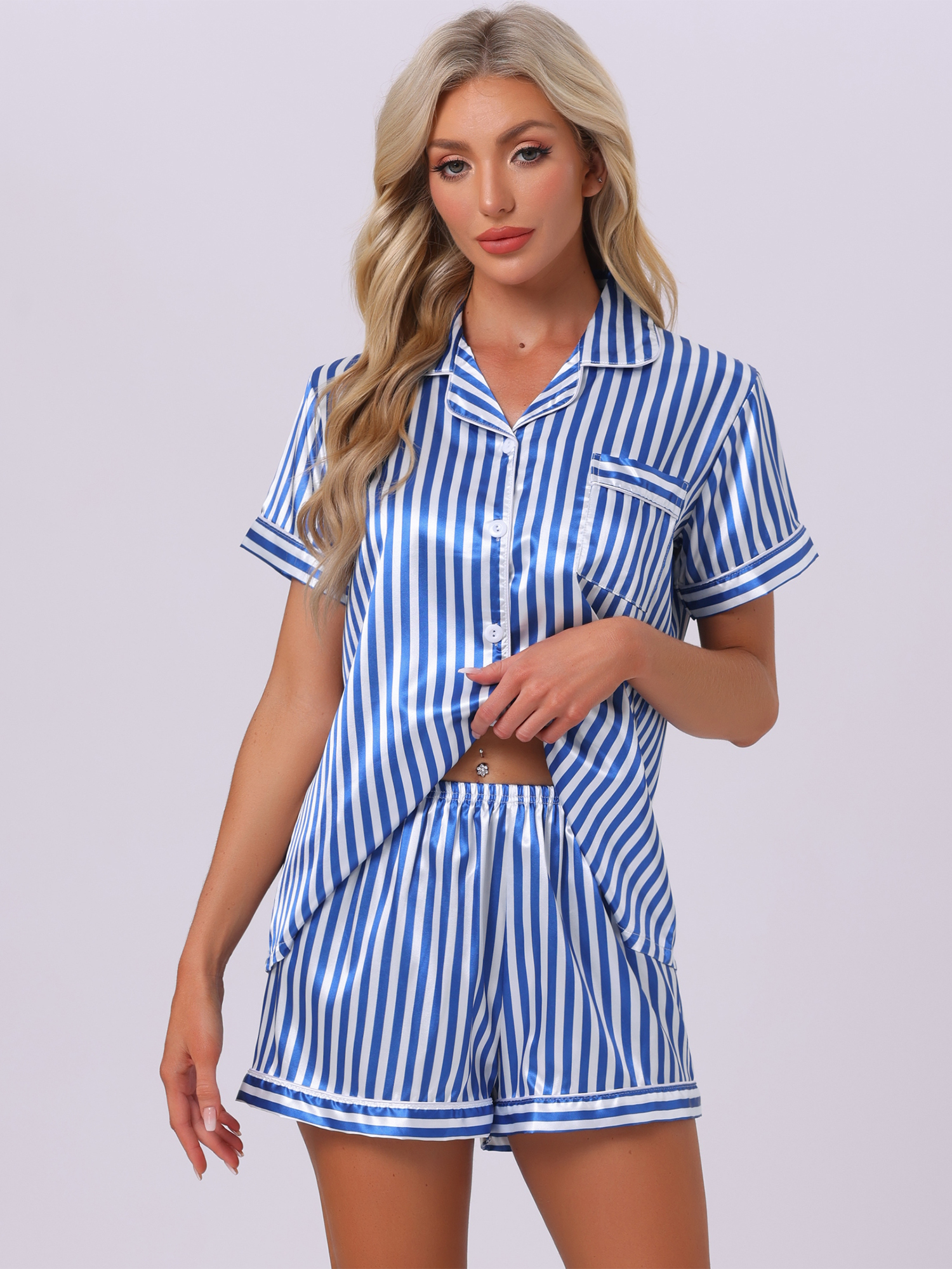 DARING DIVA Women's 2 Pcs Satin Silky Contrast Color Trim Pajama Set M Blue