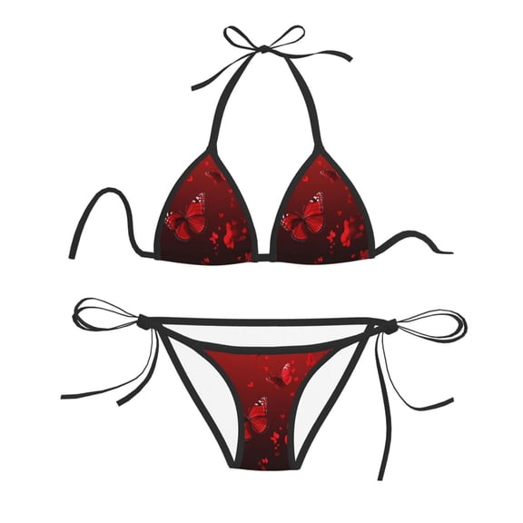 Women Two Piece Swimsuit Sexy Swimwear Halter String Triangle Bikini Sets - Red Rose Butterflies (2)