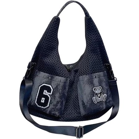 JennyShop Letter Cartoon Embroidery Messenger Bag Mesh Bag Quality Single-shoulder Bag Trendy European and American Style Denim Bag