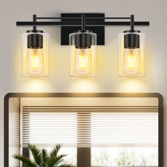 GCGAFUL Bathroom Vanity Light, 17.32 in. 3-Light Matte Black Modern Wall Sconce with Clear Glass Shade