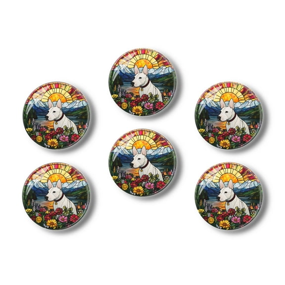 Glass Refrigerator Magnet 6Pcs Magnetic Fridge Sticker,Decor for Kitchen,Whiteboard,Cabinet,Beautiful White Bull Terrier In The Middle Of Stained Glass Art