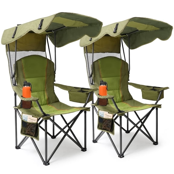 DKMOCO 2 Pack Camping Chairs with Canopy, Outdoor Folding Chairs with Adjustable Sun Shade, Cup Holder, Side Pocket, Heavy Duty Portable Lawn Chairs for Adults, Green