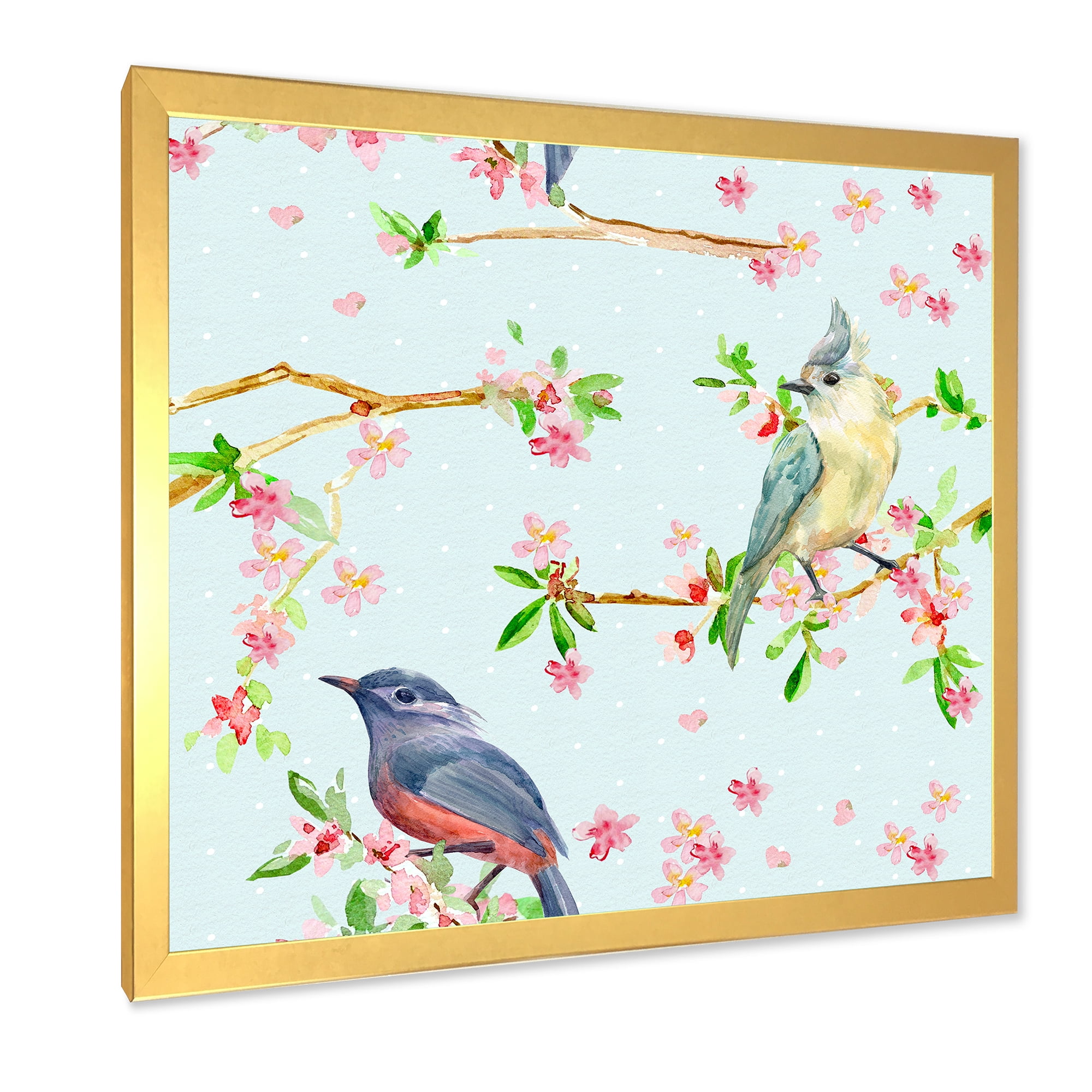 Designart 'Birds and Flowers Pattern In Blue' Traditional Framed Art Print