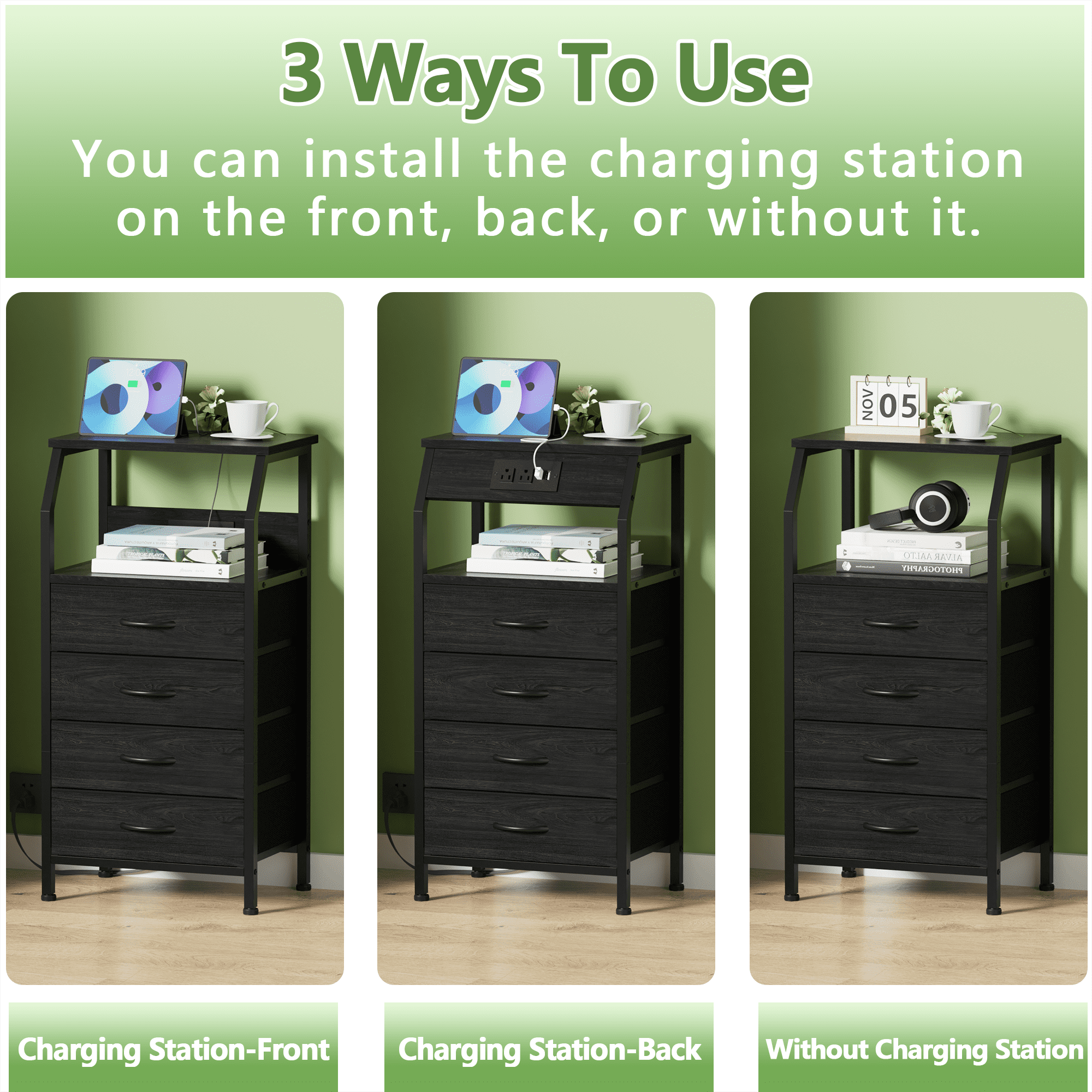 TYDIMOR Small Dresser for Bedroom, 4 Drawer with Charging Station, Black, Ideal for Adults