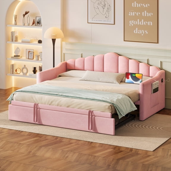 Upholstered Twin Daybed w/ Extra Sleeping Trundle & Charging, 2 Side Pockets, Pink