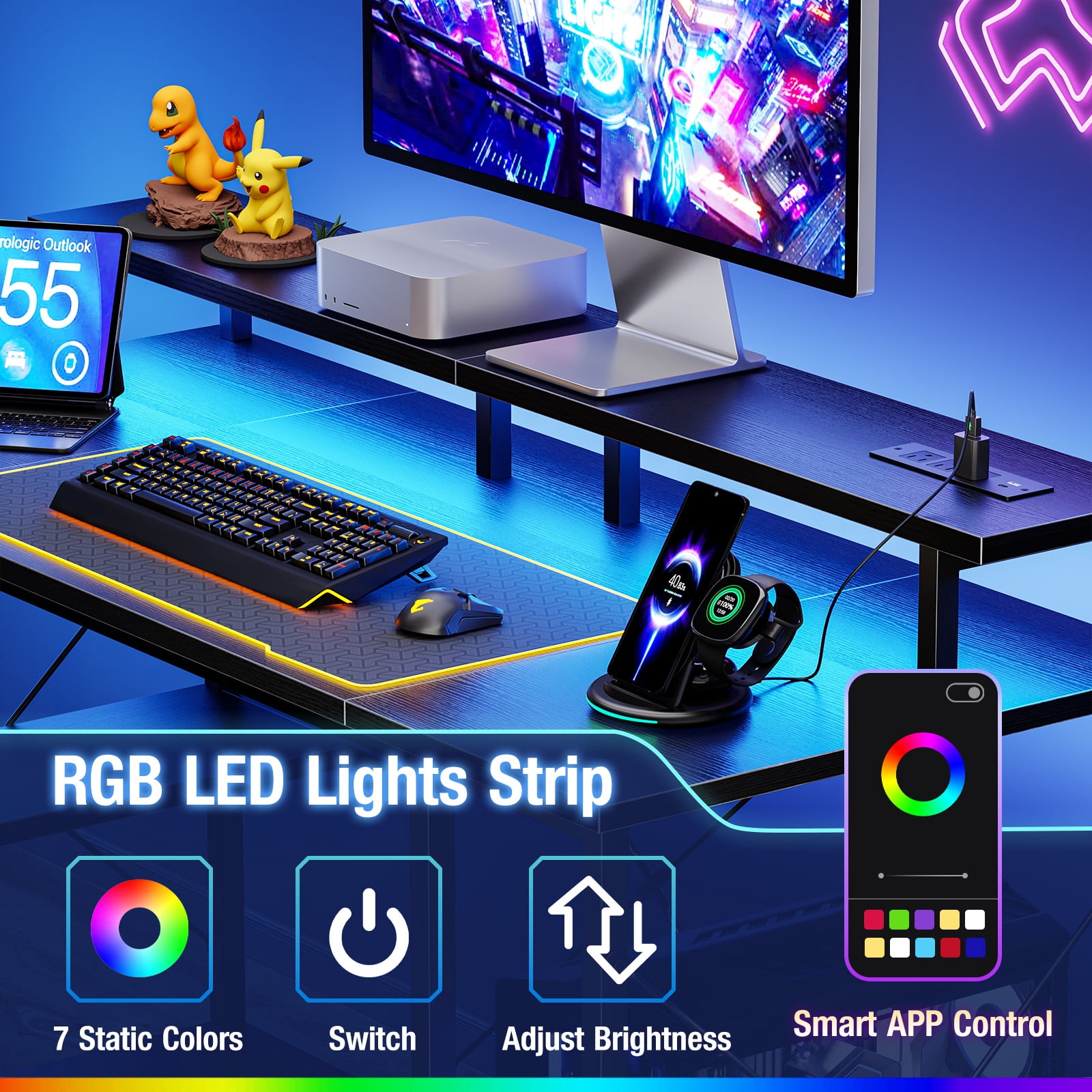 CONCETTA 48" Computer Gaming Desk with LED Light, Power Outlet, Monitor Stand, Headphone Hook, Black
