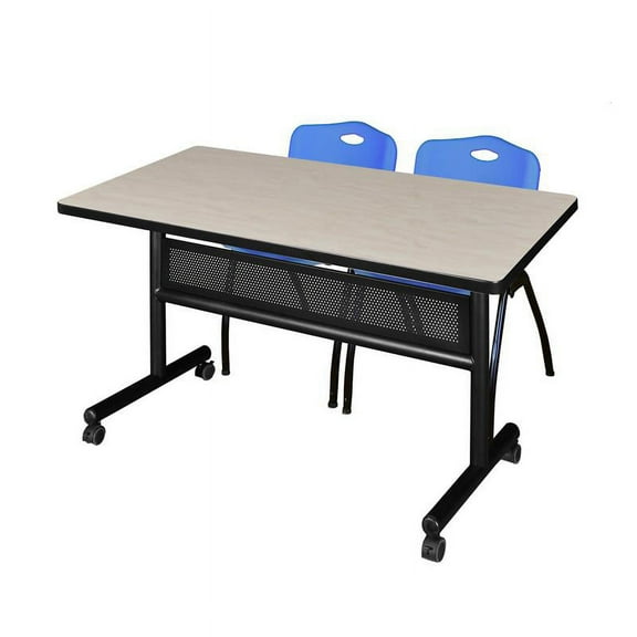 48" x 30" Flip Top Mobile Training Table w/ Divider- Maple & 2 Stack Chairs