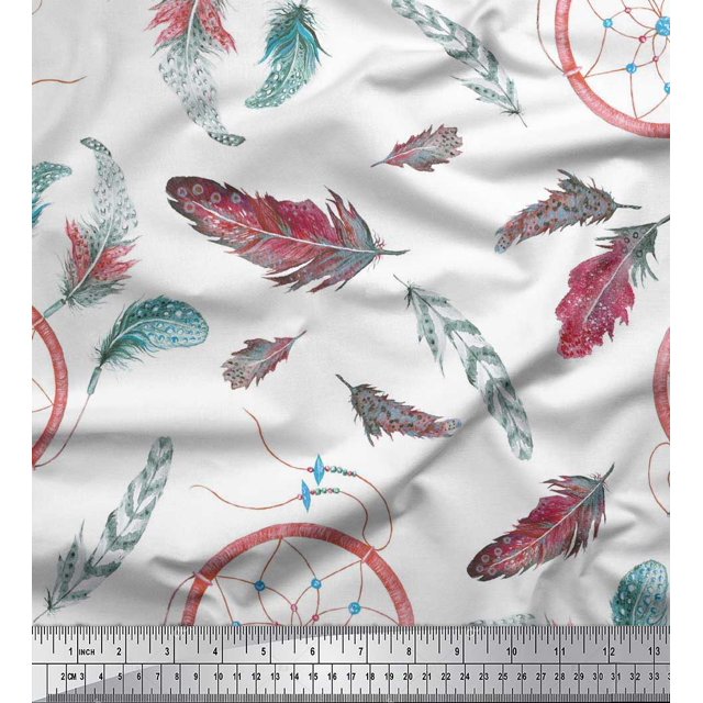 Soimoi polyester Crepe Fabric Feather & Dream Catcher Home Decor Print Fabric by the Yard 52 Inch Wide