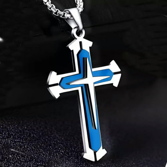 HOOUN Blue Double Layer Cross Pendant Necklace Christian Jewelry For Men Chain 24"