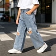 thumbnail image 6 of WQNVRNR Girls Wide Leg Jeans Casual Elastic Waist Fall Winter Distressed Ripped Kids Denim Blue 4 Years, 6 of 9