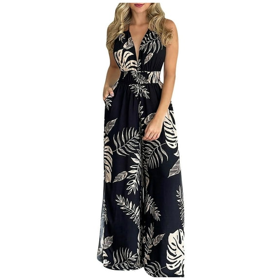 Oplxuo Jumpsuits for Women Summer Sleeveless Vneck Elegant Backless Floral Print Wide Leg Jumpsuit Y2K Wrap Criss Cross One Piece