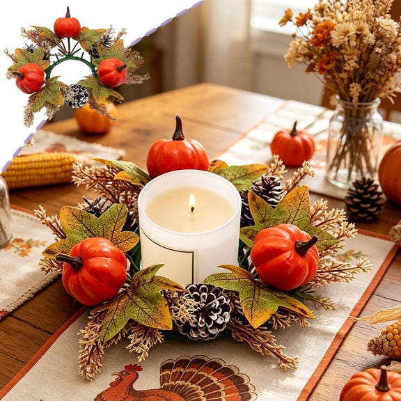 Dongrere Fall Candle Ring with Pumpkin Maple Leaf Pinecone, Faux Small Wreath for Thanksgiving Mantel Dining Table Decor, 3 Inch, Green