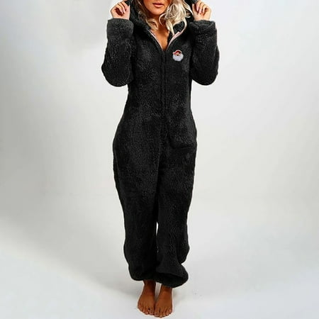 

TKing Fashion Autumn And Winter Women S Plush Thickened Plush One-Piece Pants Hooded Pajamas Christmas Clothes - XXXL