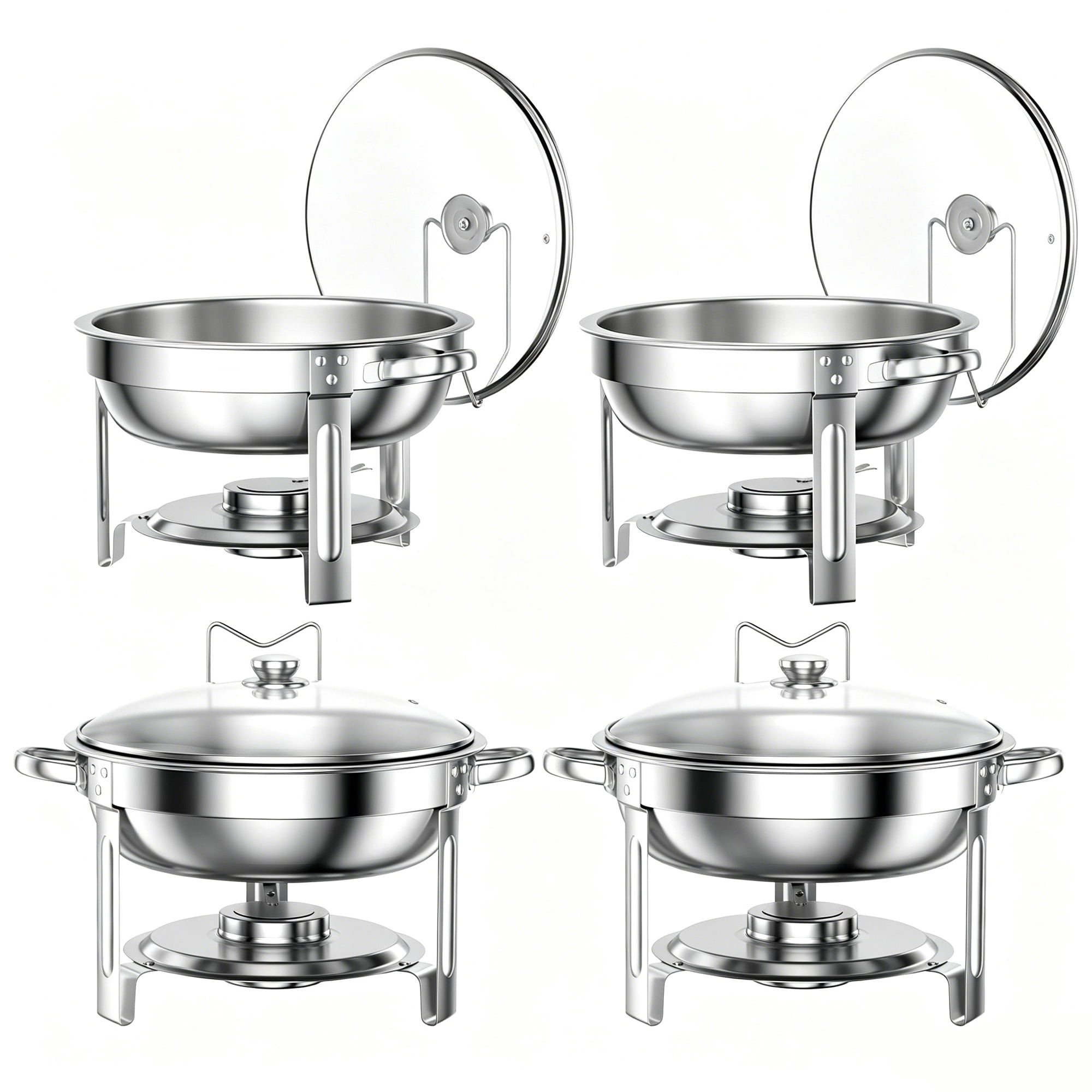 Chafing Dish Buffet Set 4 Pack: TINANA 5QT Stainless Steel Chafing Dishes for Buffet with Glass Lid & Lid Holder, Round Chafers and Buffet Warmers Sets for Parties, Events, Wedding, Camping, Dinner