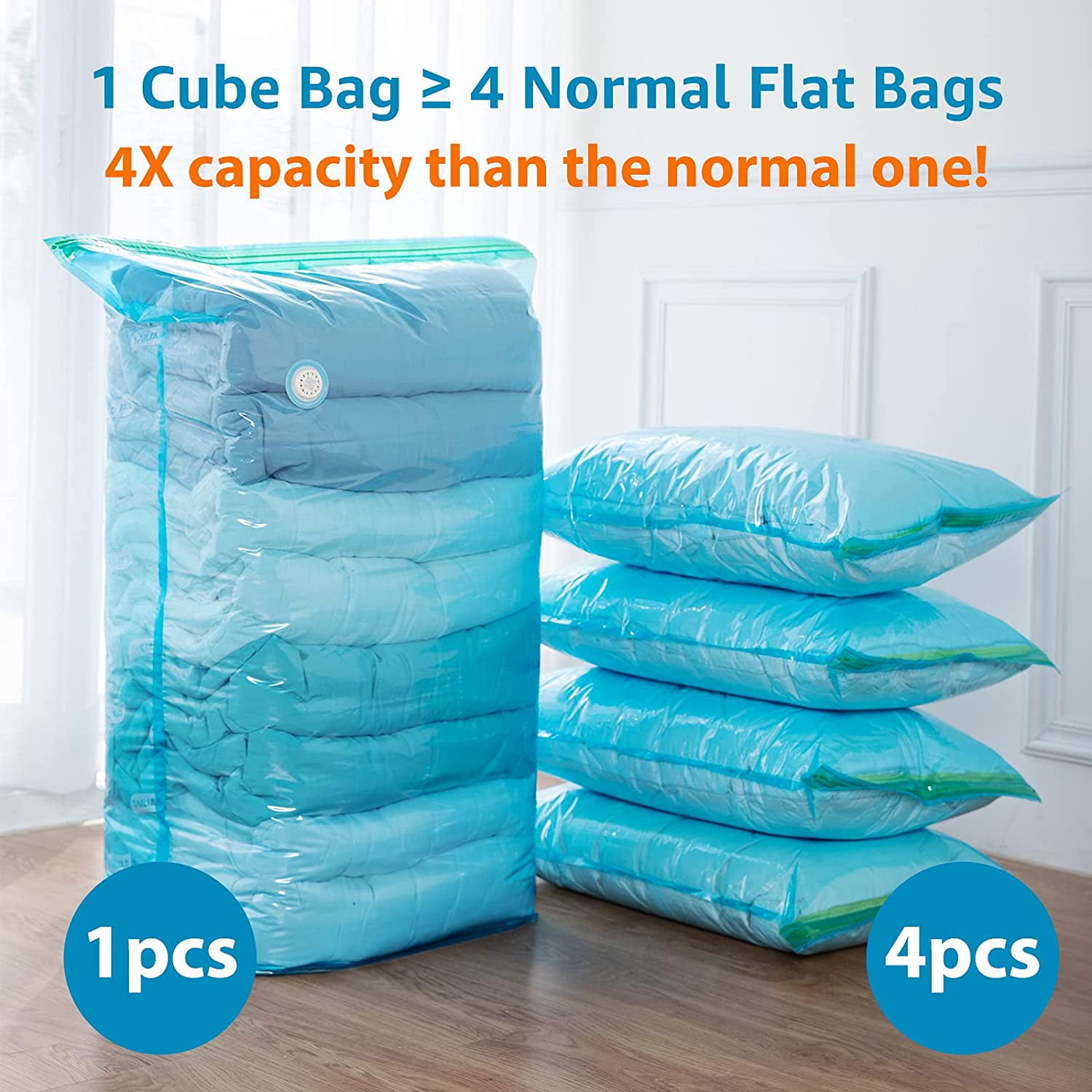 Free up 80% Space Plush Toys Beddings Quilts Comforters Compress By Sitting Pillows Vacuum Seal Bags for Clothes TAILI Vacuum Storage Space Saver Bags Cube 4 Jumbo Pack