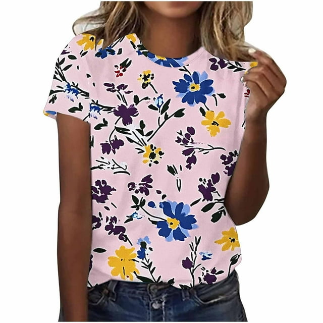 Pisexur Hauts pour Femmes Blouses Décontractées Mode Été Imprimé Manches Courtes Col Rond, Multicolore, 5TG