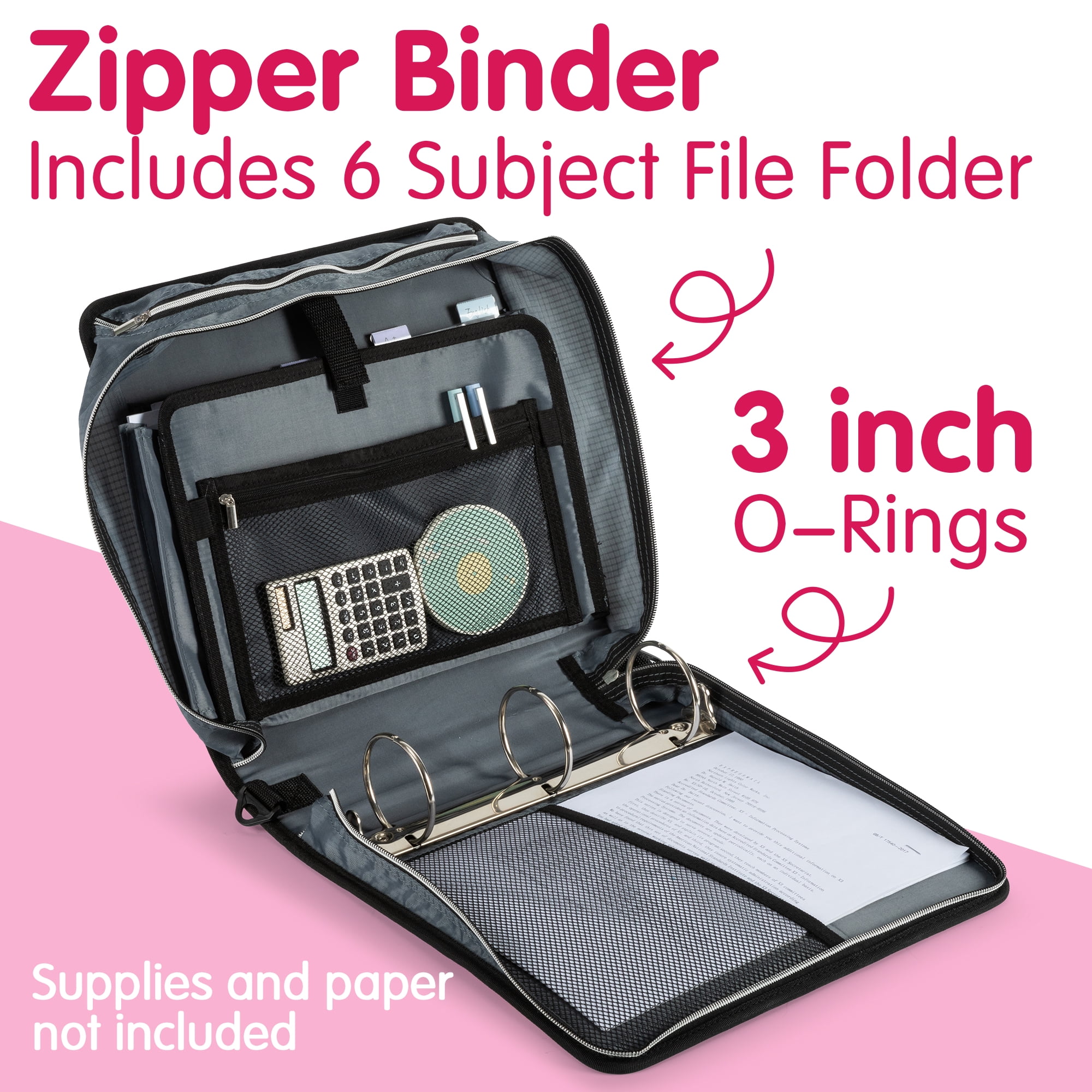 Deli Zipper Binder 3 inch 3 Ring 700 Sheet Capacity Multi-Pocket Waterproof Binder with 5-Color tabbes, Shoulder Strap and Handle，Assorted Color