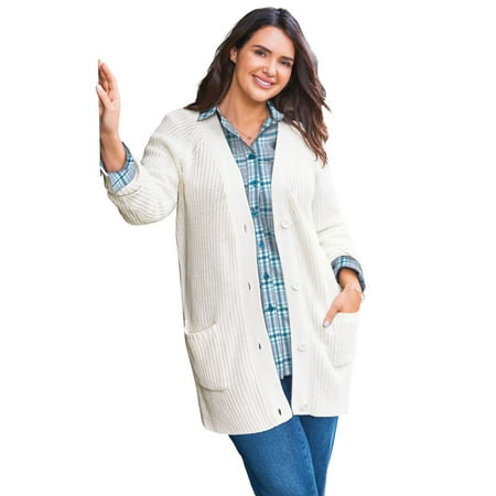 Woman Within Women's Plus Size Button-front Shaker Cardigan Color: Ivory Size: 3X